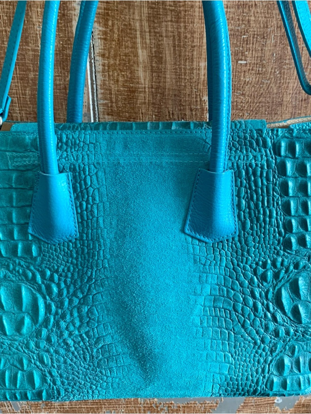 Mila Blu Italian Croc Embossed Leather Satchel Shoulder Bag Turquoise Teal blue - Picture 10 of 14